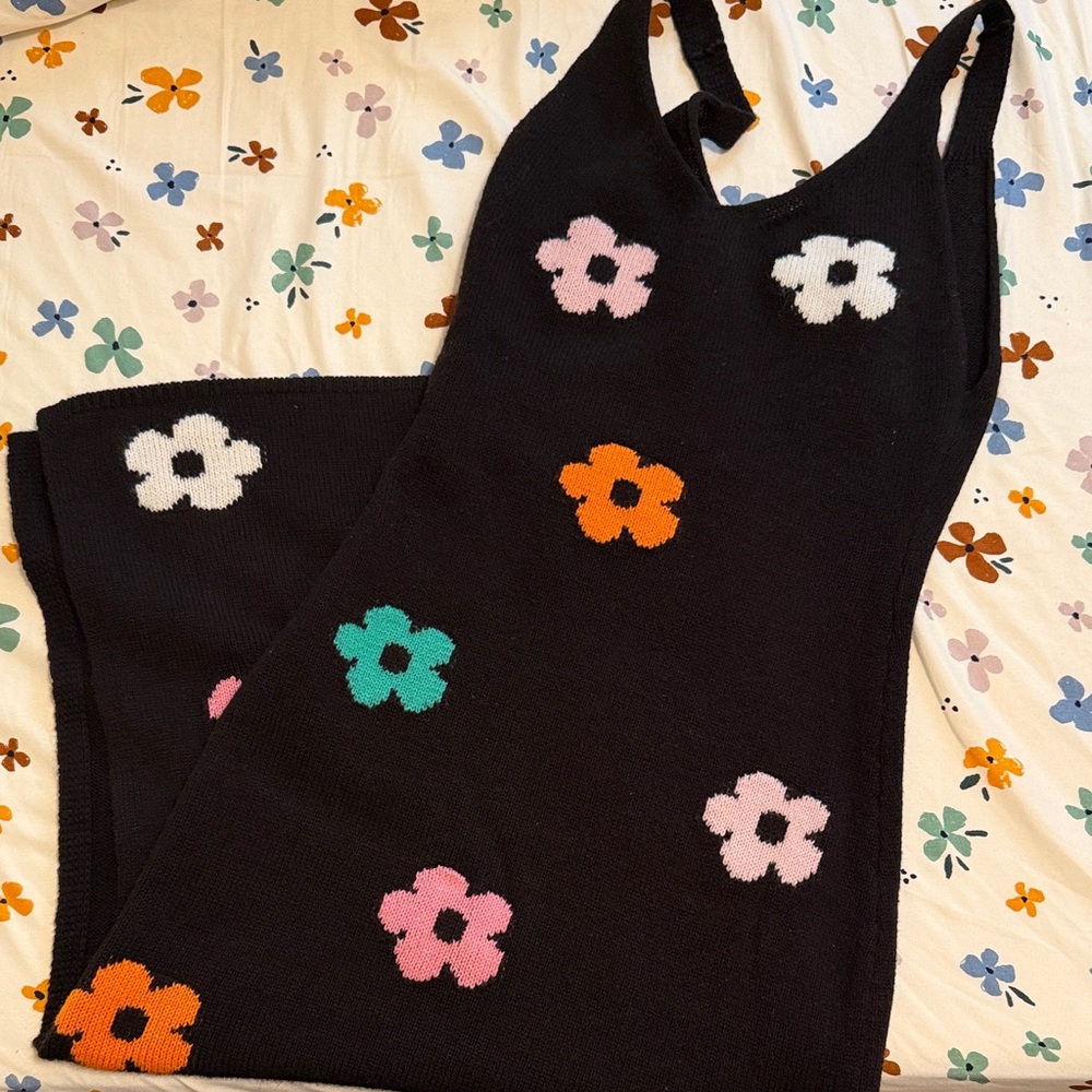 H&M Black Midi Dress with Colorful Floral Patterns